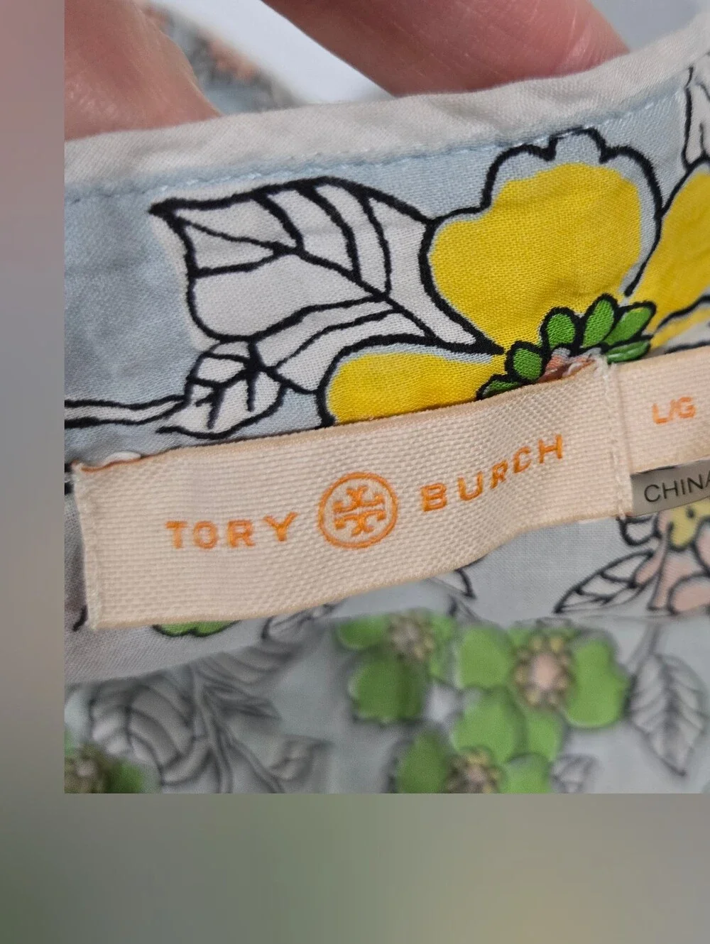Tory Burch Tunic Blue Wallpaper Floral 100% Cotton Sz LG EUC!